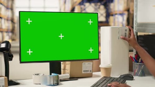 Empleada de almacén que maneja los protocolos de envío con espacio de copia en la computadora