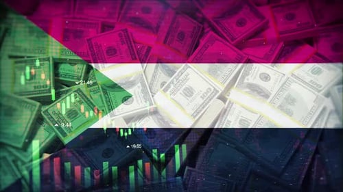 Animated Sudan Flag with Financial Data and Stacks of Money
