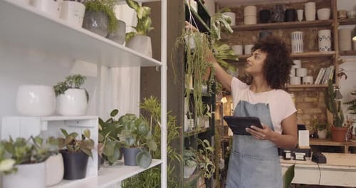 Young adult female small business owner working on digital tablet in store taking inventory