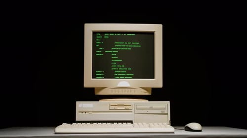 Retro Pc with Loading Code Console Programmer Making Scripts Green Basic Screen Old Computer Studio