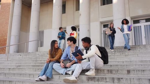 Multiracial Group of University Students Talking on Campus Stairs