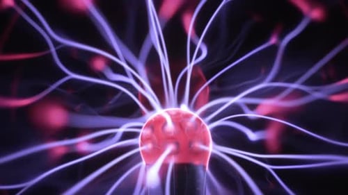 Plasma globe in slow motion. Blue and purple light beams, energy rays. Tesla coil electric discharge