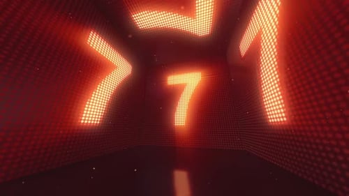 Leuchtend rotes LED-Display mit mehreren Neunen in einem dunklen Raum