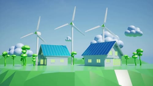 Low Poly Green Energy Landscape with Windmills and Solar Houses