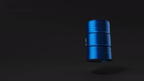 Single Blue Metal Oil Barrel Rotating on Black Background Front View Oil Industry Concept 3d Render