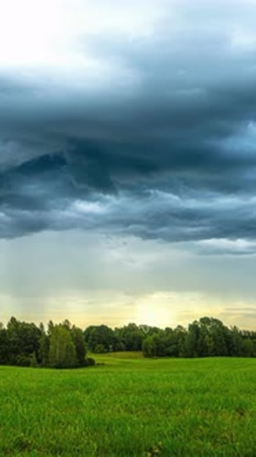 Rain clouds over wheat field storm moving timelapse, gray layer over countryside nature