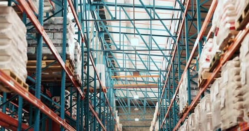Empty, warehouse and shelves with stock, supply chain and distribution of goods