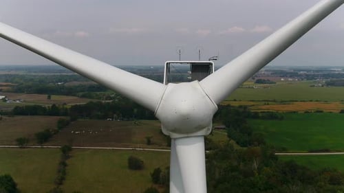 Wind Turbine with Aerial View of Propeller Cone, Close Up Shot.