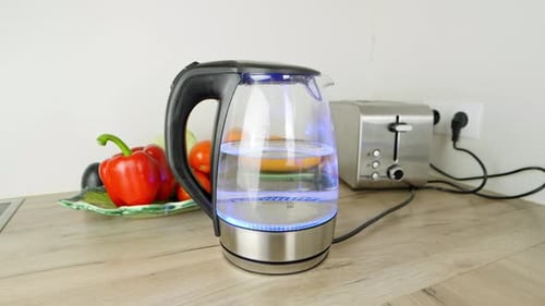 White hands turn transparent kettle with blue light on, boil water for hot drinks like tea or coffee