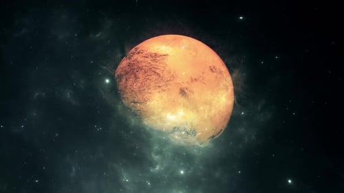 Red Planet Rotating in Deep Space with Nebula and Stars