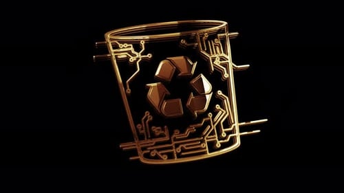 Animated Golden Digital Recycle Bin with Circuit Board Design