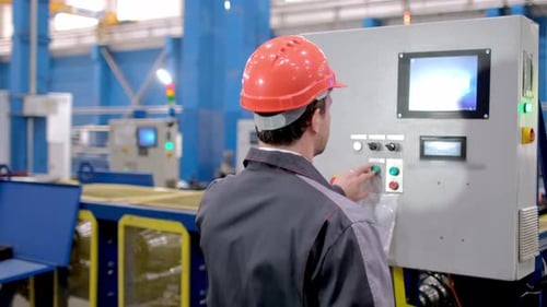 Technical Engineer Man Electrician Inspecting Factory Worker Control Panel Maintenance Screen
