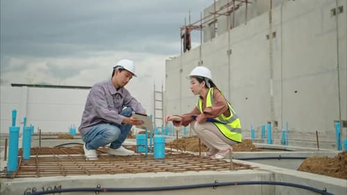 Los ingenieros y la arquitectura inspeccionan y supervisan la construcción de los muros y cimientos de los edificios