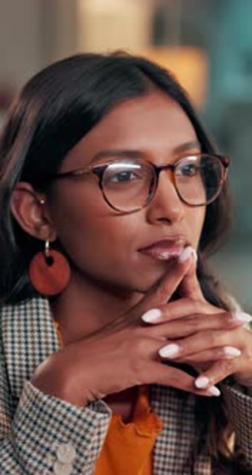 Creative agency, night or woman with glasses, reading or decision for news report