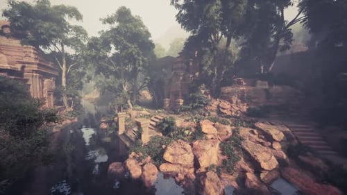 Ancient Ruins Nestled in Lush Greenery Beside a Serene Waterway