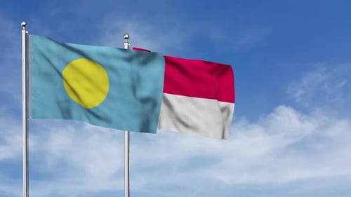 Palau and Indonesia Flags Waving in the Wind