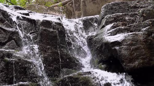Flowing Water in Peaceful Place. Cascade Fall Downhill in Deep Forest. Waterfall