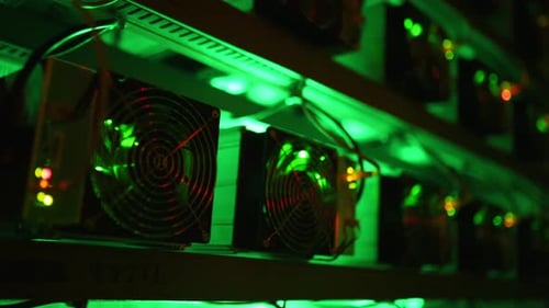 ASIC Mining Equipment on Stand Racks Mine Cryptocurrency in Steel Container Bitcoin Miners in Large