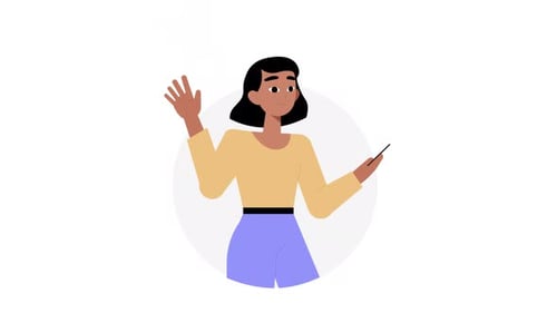Flat Design Animated Woman Waving and Holding a Phone