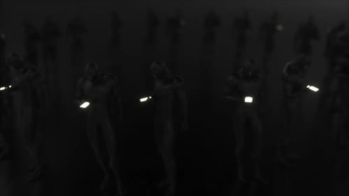 Futuristic Crowd of Humanoids Using Glowing Smartphones