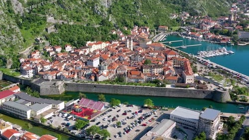 Aerial view of the old town of Kotor, Montenegro. Bay of Kotor bay is one of the most beautiful plac