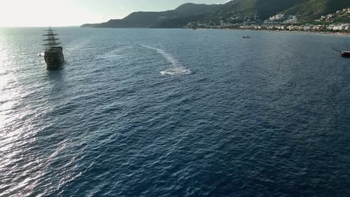 Sports Boat Sails Fast on the Sea Aerial View 4 K