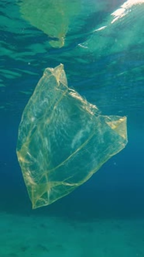 Vieja bolsa de plástico amarilla que flota bajo la superficie del agua a la luz del sol en contre-jourof desechable
