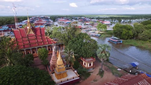 Drone Over Village Temple And River, Cambodia