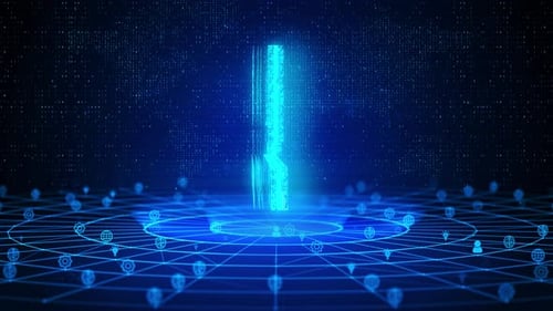 Holographic Webinar Text and Animated Digital Network Icon Loop