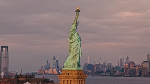 Drone Aerial City View Featuring Liberty Statue Aerial Skyline with Liberty Statue and NYC Liberty