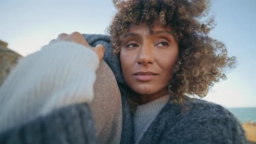 Closeup Couple Embracing Sea Beach Curly Romantic Woman Cuddling Unknown Man