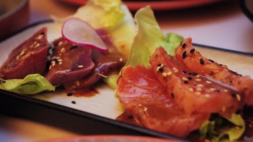 Sashimi Platter Fresh Tuna and Salmon Slices in Asian Restaurant Raw Fish Dish Source Omega 3