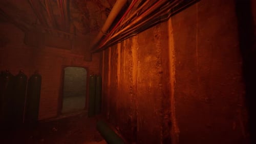 Abandoned Service Hall with Rotten Surfaces and Dim Flickering Lighting