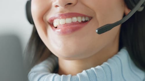 Call center, talking and close up mouth of woman consulting and give advice working in telemarketing