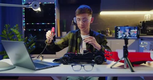 Influencer Boy Recording Video Blog. Web Cam Vlogger Home Live Stream. Male Teenage