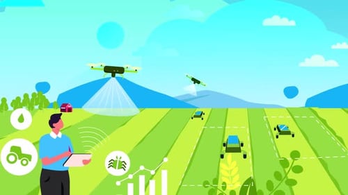 Smart Agriculture Technology Animation with Drones and Automated Tractors