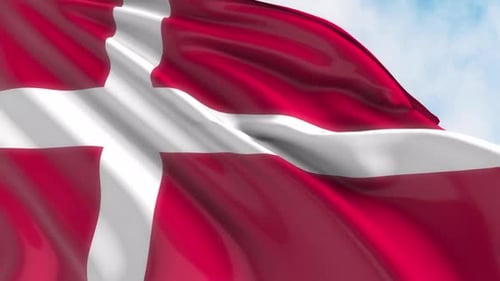 Realistic Waving Flag of Denmark Against Blue Sky Loop