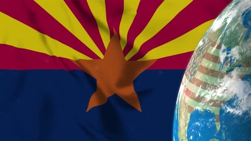 Arizona State Flag Waving with Rotating Earth Globe Animation