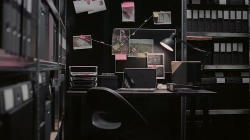 Detective's Desk with Photos and Connected Strings