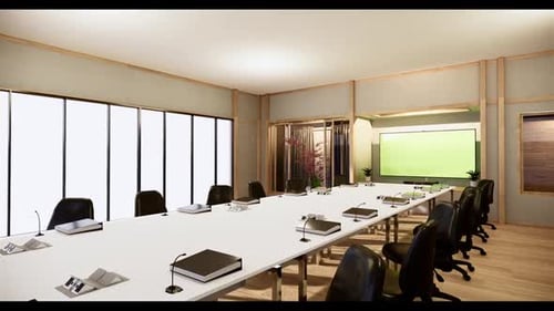 Modern 3D Animated Conference Room with Green Screen Display