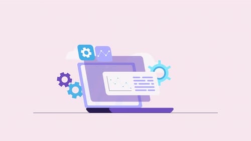 Animation of laptop and graphics, Financial diagram and charts. Software, web development