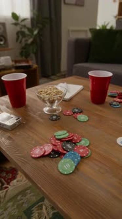 Chips et cartes à jouer répartis sur la table basse