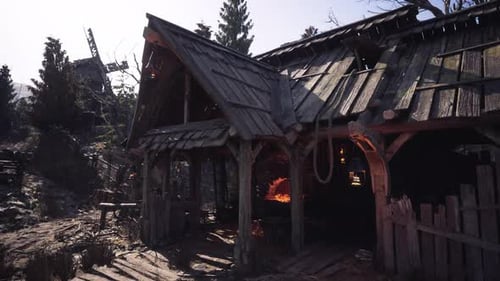 Abandoned Rustic Cottage in a Forest with a Glowing Forge at Dusk