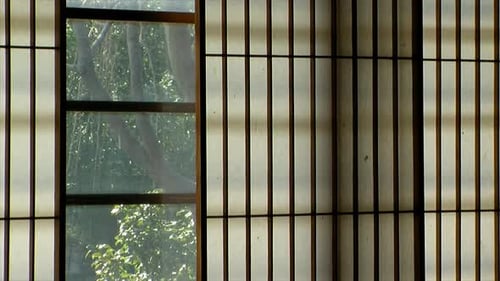 Japanese style mulberry paper window with view of garden.