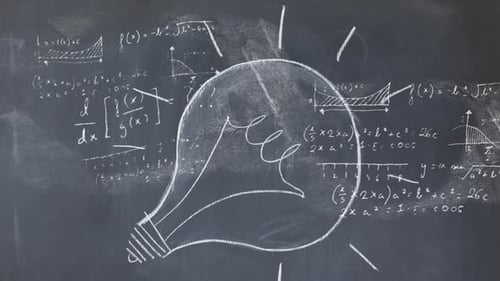 Animation of light bulb with scientific formulae and data processing