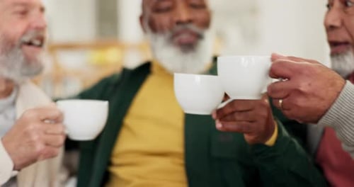 Senior Friends Toasting with Coffee Mugs Indoors
