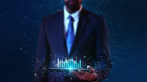 Businessman Holding Digital Analytics Interface Charts for Finance Presentations Fintech Promos