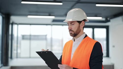 Engenheiro profissional inspeciona o canteiro de obras e faz anotações na prancheta