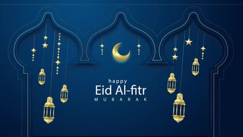 Eid Al-Fitr Mubarak Celebration with Elegant Golden Lanterns
