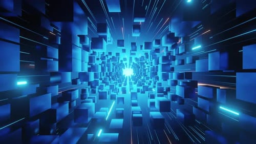 Futuristic Digital Data Tunnel with Blue Cubes